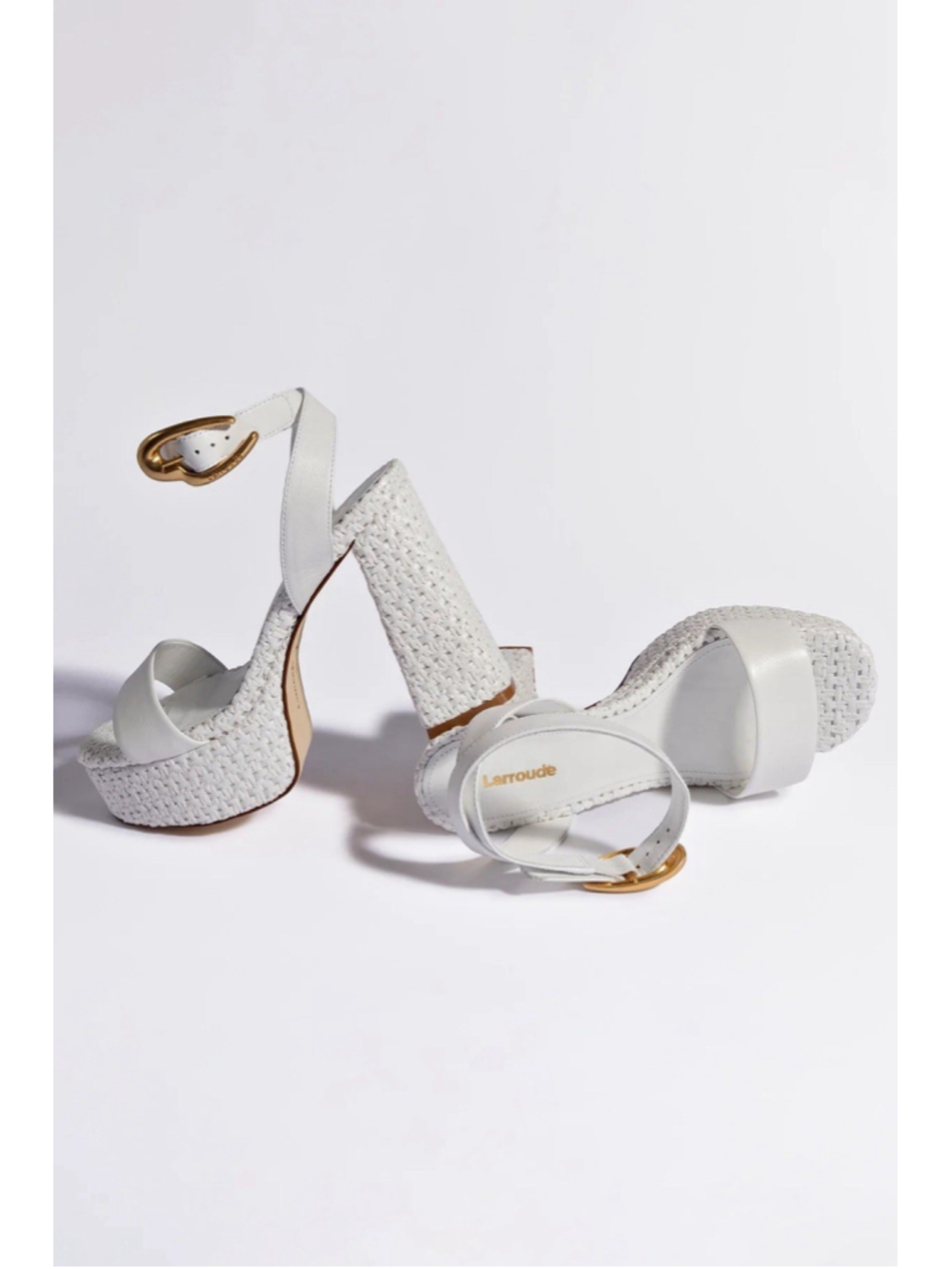 NEW LARROUDE Dolly Verona Sandal White Leather Raffia Block Heel 8 Gold Buckle